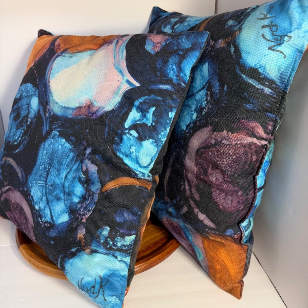 Nydk Abstract Art Throw Pillows Set of 2 Blue Orange Purple Canvas 15x15